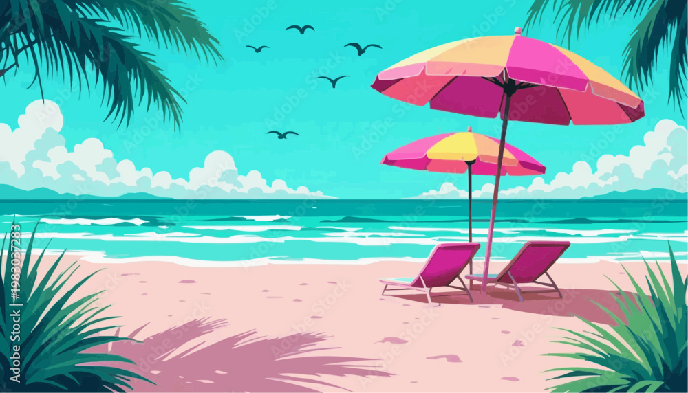 Obraz premium A retro beach scene.Flat design vector illustration.
