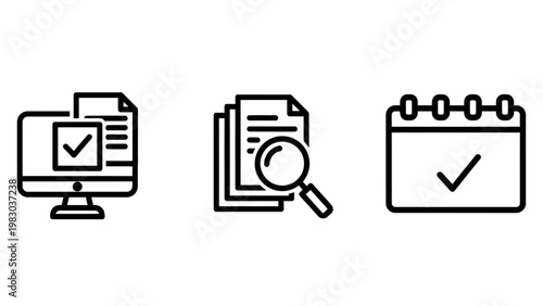 Digital document approval workflow and inspection icons set with document approval workflow inspection calendar business management paperwork magnifying research compliance validation