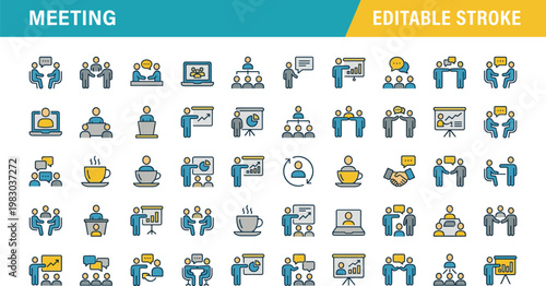 Flat design vector illustration of diverse meeting scenarios with editable stroke icons
