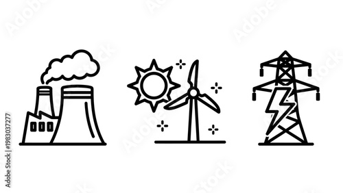 Energy sources icons including power plant wind turbine and electric tower with electricity renewable industry sustainable generation infrastructure technology environment pollution electric