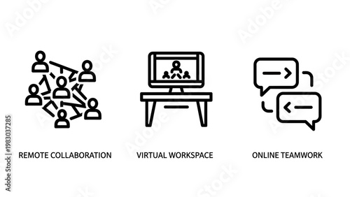 Remote collaboration virtual workspace and online teamwork icons with remote working collaboration workspace teamwork business communication technology connection conference strategy
