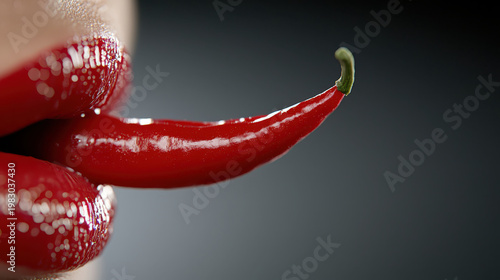 Artistic close up of red lips with red chili pepper, showcasing bold and spicy expression