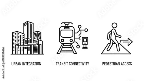 Urban integration transit connectivity pedestrian access icons with integration connectivity pedestrian transportation infrastructure building mobility planning cityscape architecture