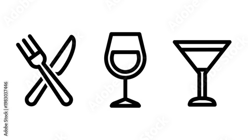 Dining icons including cutlery wine glass cocktail glass with cocktail restaurant hospitality beverage tableware lifestyle celebration culinary stemware glassware minimalist utensils