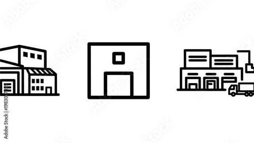 Warehouse logistics and industrial storage facility outline icons set with warehouse logistics industry building facility shipping transport distribution business management operations