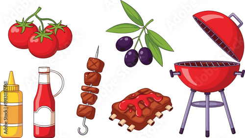 Barbecue food set with grill, skewers, ribs, sauces, tomatoes and olives vector illustration for BBQ cooking, summer picnic and grilling design