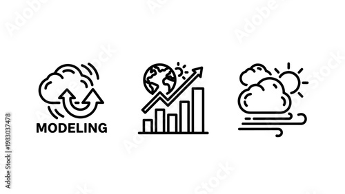 Climate change modeling and global weather prediction outline icons with modeling prediction forecast analysis environmental meteorology atmosphere research sustainability pictogram isolated