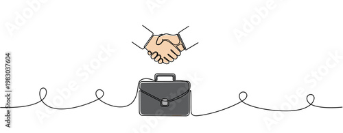 Handshake occurring above briefcase on white minimal background. no editable stroke