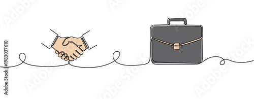 Handshake occurring beside briefcase on continuous line business scene. no editable stroke