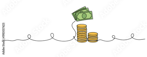 Stacks of coins with bills floating above on continuous line. no editable stroke