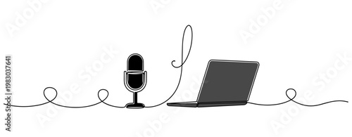 Microphone connected to laptop on continuous line background. no editable stroke