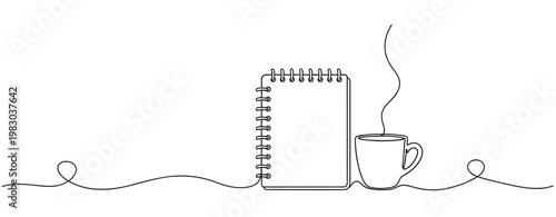 Spiral notebook beside steaming cup on continuous line background. no editable stroke