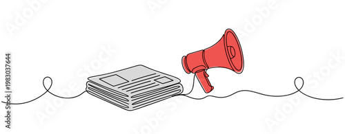 Stack of newspapers with megaphone placed on white background. no editable stroke