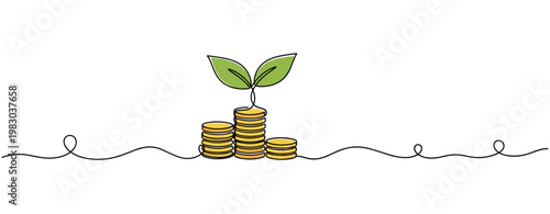 Stacked coins growing into plant on continuous white background. no editable stroke
