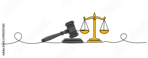 Gavel and scales positioned together on flat white background. no editable stroke