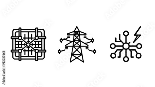 Set of energy and electrical grid infrastructure conceptual line art icons including power tower and lightning with electricity lightning electrical infrastructure transmission illustration