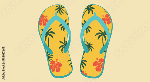 Minimalist flat vector flip flops illustration displays tropical summer footwear with palm tree pattern on warm background