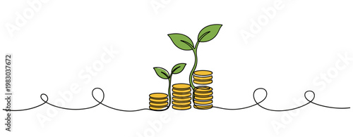 Stacked coin piles sprouting seedlings on white background. no editable stroke