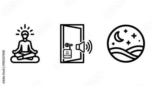Meditation zen and night landscape icons including sound notification settings with meditation mindfulness landscape notification wellness relaxation spirituality serenity lifestyle meditate