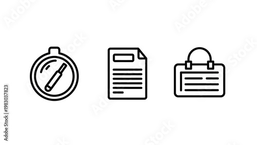 Document and identity management icons set featuring compass search and identification badge document identity navigation identification information management business personal direction