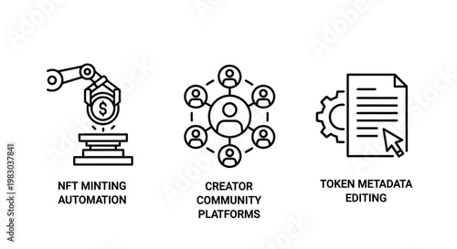 Technology icons set for nft minting creator community platforms and token metadata editing with automation community metadata technology blockchain platform robotics illustration business