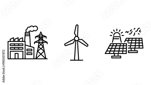 Set of renewable and industrial energy sources icons with industry electricity environment renewable sustainable generation pollution transmission technology resource infrastructure