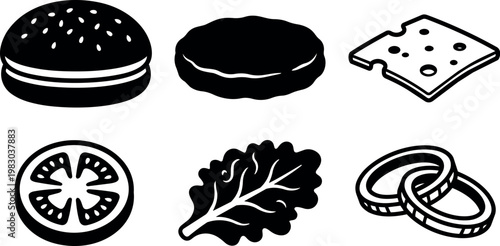 Black and white line art burger ingredients icons with tomato lettuce cheese and rings