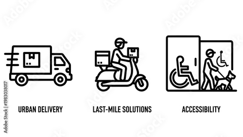 Logistics and accessibility icons showing urban delivery last mile solutions and inclusive access with delivery logistics accessibility transport shipping mobility inclusive disabled inclusion