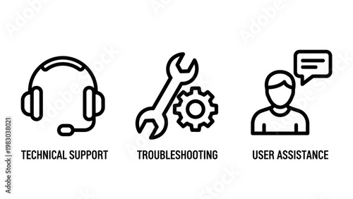 Technical support troubleshooting and user assistance icons set with troubleshooting assistance technical customer communication maintenance operator helpdesk dialogue business minimalist