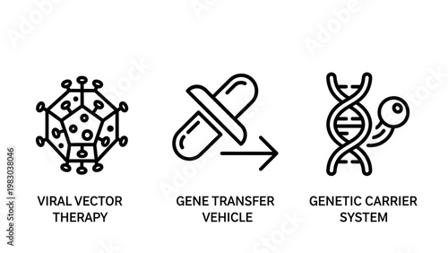 Genetic engineering and biotechnology icons set showing viral vector therapy gene transfer carrier system with genetics biotechnology transfer medicine research structure healthcare laboratory