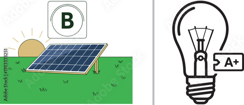 Solar panel and light bulb icons with energy efficiency ratings for renewable power and sustainability vector illustration