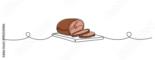 Sliced ham resting on cutting board with white background