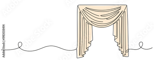 Draped curtain valance hanging over continuous line background