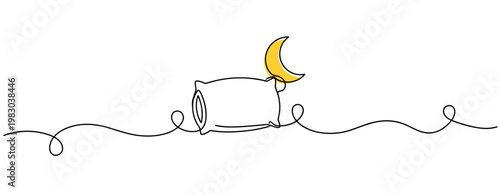 Pillow resting beside crescent moon on white background