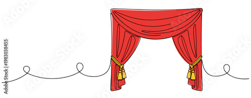 Red curtain draped and tied back with tassel ties on empty stage
