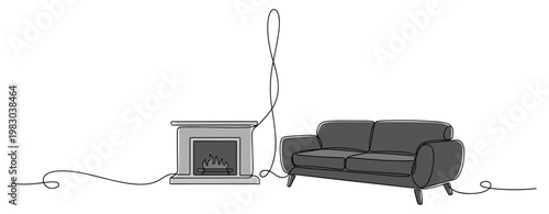 Sofa placed beside lit fireplace in living room scene