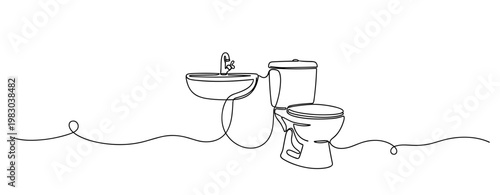 Toilet and sink drawn with continuous line in bathroom outline