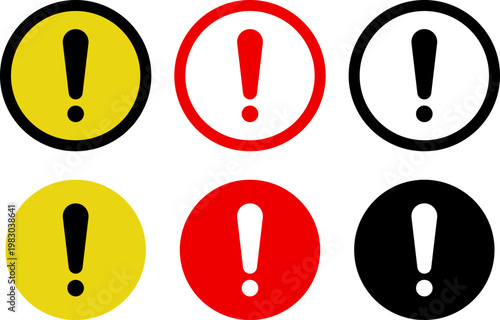 警告、注意喚起、危険、エラーを表すびっくりマークと丸のアイコンセット