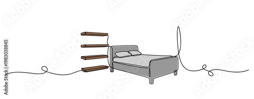 Modern double bed positioned beside floating shelves in bedroom art