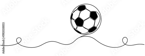 Soccer ball suspended above continuous line white background