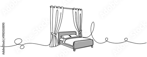 Canopy bed with curtains in bedroom interior line drawing scene