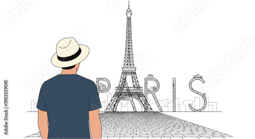 Man in Hat Gazes At Eiffel Tower and "Paris" Text