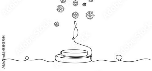 Round podium standing under falling snowflake line drawing
