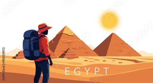 Backpacking Tourist Gazes at Egyptian Pyramids Under a Bright Sun