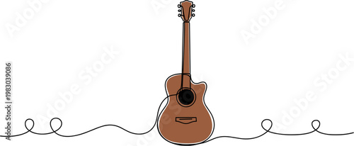 Acoustic guitar standing with cable on white background