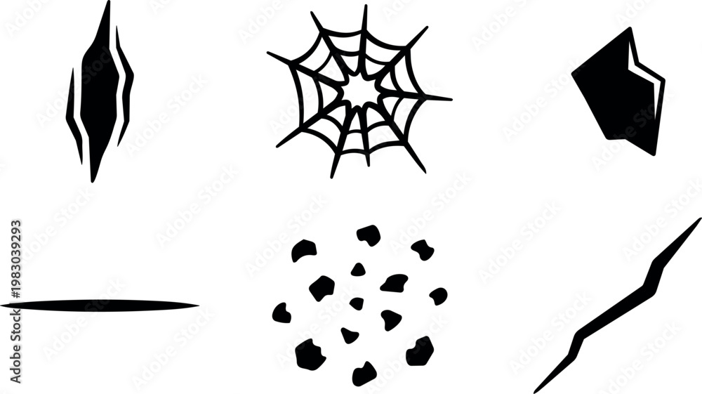 Fototapeta premium Black silhouette cracks holes and spider web vector art set