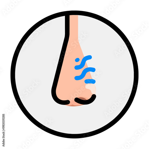 Vector graphic of a nose with blue lines indicating a runny nose in a circular frame.