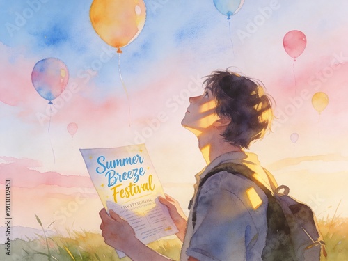 A watercolor artwork showcasing a lone traveler with a festival flyer, gazing up at vibrant balloons in the morning sky, creating a serene and inviting ambiance for festival lovers