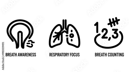 Breath awareness respiratory focus breath counting icons with line art breathing respiratory wellness mindfulness meditation awareness counting exercise illustration physiology wellbeing