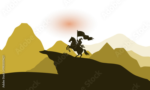 Silhouette of a brave warrior on horseback holding a flag on a mountain cliff at sunset, symbolizing courage, victory, conquest, and heroic leadership in an epic landscape